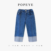 大力水手popeye女童裤子，2024春季儿童，拼接牛仔裤宝宝直筒裤