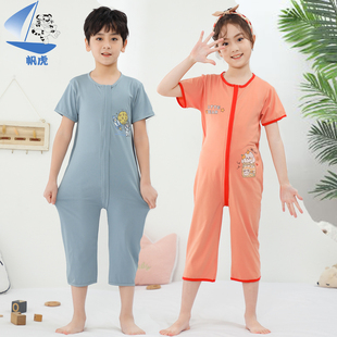 儿童连体睡衣夏季薄款短袖，大童女男童，拉链宝宝空调服3-4-5-7-8岁9