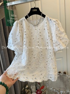 dhr超好看白色甜美镂空蕾丝衫，花朵泡泡袖，短袖衬衫上衣女仙小个子