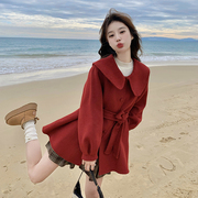 红色双面羊绒外套女秋冬收腰显瘦娃娃领时尚洋气小个子羊毛呢大衣