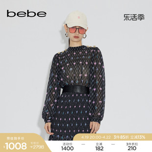 bebe春夏系列女士，印花温婉雪纺长袖，半高领甜美连衣裙150006