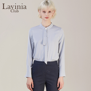 lavinia2022秋小立领，简约飘带衬衫女长袖，套头雪纺设计感上衣