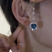 心心相印蓝色耳线女耳环高贵典雅奢华镶钻蓝宝石气质长款流苏耳饰