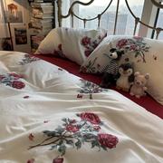 。ins美式田园红玫瑰四件套床上纯棉，全棉文艺1.5m1.8被套床单三件
