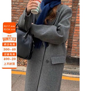 2023秋冬韩版高端西装式双面羊绒大衣女高级灰色加厚毛呢外套