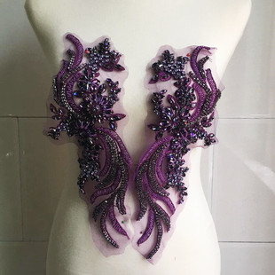 深紫色玻璃钻重工钉珠对称大花diy貂皮草大衣，外套礼服装饰手缝花