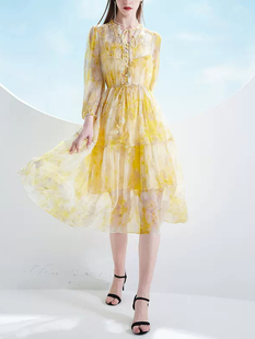 法式黄色泡泡袖雪纺碎花连衣裙女2023夏季设计感长袖裙子