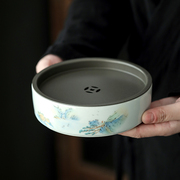 复古青瓷茶盘蓄水壶承小茶海陶瓷小型托盘简约干泡盘圆形储水茶台