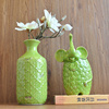 欧式后现代复古做旧陶浮雕纹，花朵绿花瓶，家具家居饰品橱柜客厅摆件