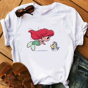 夏季女士欧美卡通动漫公主与小宠物印花时尚短袖上衣T恤