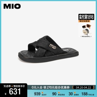 MIO米奥2024年夏季韩版低跟舒软拖鞋复古提花面料慵懒一字拖女鞋