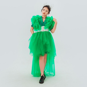 T台女童模特走秀西装潮服战队服青绿色仙女款气质欧美夸张礼服租
