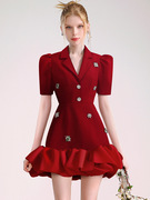 气质感轻熟红色西装裙女钉钻设计感时尚通勤欧根纱拼接连衣裙