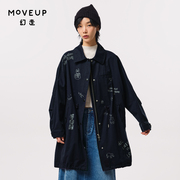 MOVEUP幻走2023秋季.FUN系列翻领抽绳印花设计师中长款风衣女