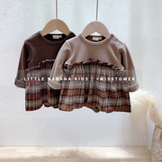 日本女童宝宝儿童春秋，冬季格子拼接圆领套头，绒衫上衣假2件