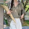 韩国chic春季法式优雅v领飘带设计宽松百搭纯色褶皱花苞袖衬衫女