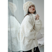 韩系白色羊羔毛外套(毛外套，)女冬季2023加厚高级感宽松牛角扣毛绒棉衣