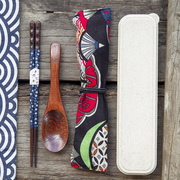日式筷子勺子套装和风便携餐具套装木勺叉子布袋绕线实木勺叉筷套