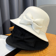 赫本风优雅羊毛呢盆帽春秋季蝴蝶结，渔夫帽子女法式复古气质小礼帽