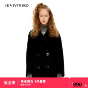 iiiviviniko秋冬红色黑色羊毛，西装领双排扣短大衣