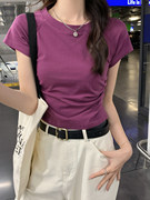 wat404233辣妹紫色短袖t恤女2024夏季修身设计感露背短款上衣