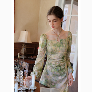 3.4号95折#mqueen绿野仙踪法式油画，印花收腰显瘦连衣裙5008