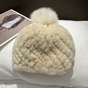 韩国秋冬保暖帽子女獭，兔毛菠萝纹，加厚护耳皮草帽子狐狸毛球显脸小