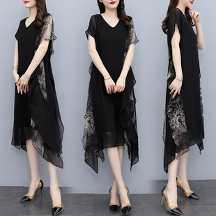 2023黑色v领气质长款长裙，韩版时尚宽松显瘦大码雪纺连衣裙女