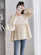 韩系高级感气质拼接蕾丝衬衫秋季宽松遮肚子孕妇装上衣娃娃衫