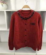 春季钉珠小立领蝴蝶结烫钻套头，红色毛衣毛针织(毛，针织)开衫外套衫宽松上衣