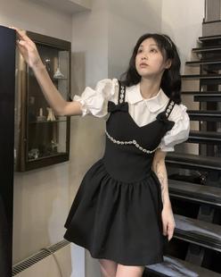 法式蝴蝶结黑色连衣裙女夏季衬衫小众设计背带裙子a字短裙两件套