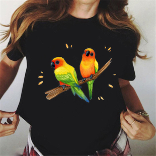 Colorful Parrot T Shirt 夏季彩色鹦鹉印花男女款黑色短袖T恤女