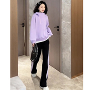 浅紫色连帽卫衣休闲运动套装女秋季搭配一整套高级感宽松条纹长裤
