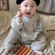 韩国童装婴儿华夫格纹休闲卫衣套装宝宝，可爱卡通涂鸦运动服春秋装