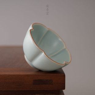 汝窑天青玛瑙入釉茶道，复古宋式中式手工折棱青瓷，汝瓷主人杯茶杯