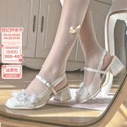 pinkyo原创优雅蕾丝蝴蝶结方头，单鞋粗跟高跟鞋女法式玛丽珍鞋