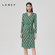 LANCY/朗姿2023春季中长桑蚕丝印花长袖V领连衣裙女通勤裙子