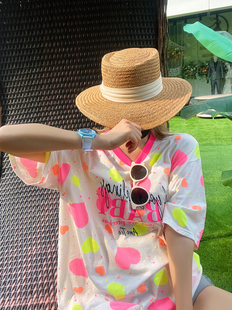 智研夏季韩国洋气可爱荧光粉黄彩色爱心休闲宽松度假风大t恤