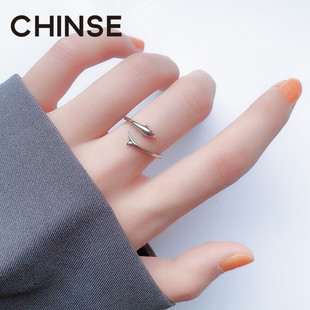 chinse海豚戒指纯银简约指环时尚，个性冷淡风开口戒小众设计饰品女