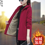 纯棉外套女中长款秋冬季中年妈妈，羊羔毛卫衣(毛，卫衣)加绒加厚抓绒保暖棉衣