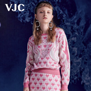 VJC/威杰思秋冬圆领长袖针织衫粉色提花套头毛衫减龄女装