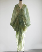 同款新中式苎麻连衣裙立体裁剪扎染效果绿色印花裙子设计款裙A061