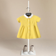 夏季儿童连衣裙小女孩黄色翻领修身洋气短袖公主裙纯棉英式校园风