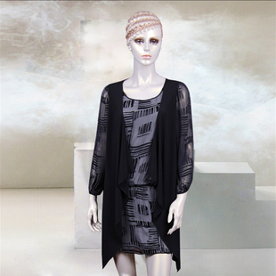 香港名师路春秋款气质灰黑色，假两件薄纱，飘逸淑女长袖连衣裙