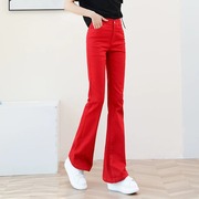 大红色牛仔微喇叭裤，女2023春秋马蹄，裤高腰显瘦修身小个子裤子