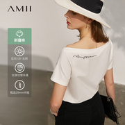 amii设计感白色t恤2024年夏季锁骨一字领露肩修身短袖上衣女
