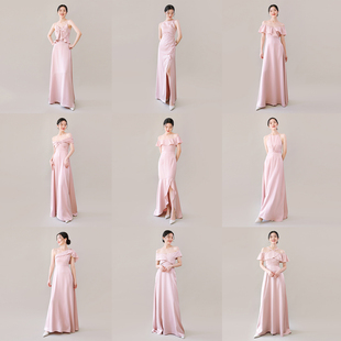 tansshop伴娘裙姐妹裙粉色，双面缎多款式，长裙可定制颜色&长度
