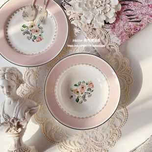 出口甜美复古巴洛克风粉色，pink玫瑰花骨瓷陶瓷盘，汤盘菜(汤盘菜)盘沙拉碗