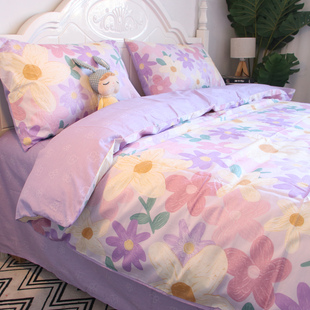 田园紫色花卉小碎花床上四件套，全棉纯棉床单，床笠款水墨画风格床品