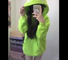 zhibaobi潮牌美式hiphop荧光，绿色连帽卫，衣女秋冬加绒加厚宽松外套